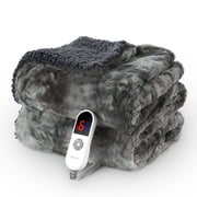 MARNUR Heated Blanket Electric Throw 50" x 60", Soft Faux Fur & Shu Velvet Heated Throw Blanket, 6 Heating Levels, 4 Hours Timer, Tie-Dye Off Gray