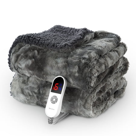 MARNUR Heated Blanket Electric Throw 50" x 60", Soft Faux Fur & Shu Velvet Heated Throw Blanket, 6 Heating Levels, 4 Hours Timer, Tie-Dye Off Gray