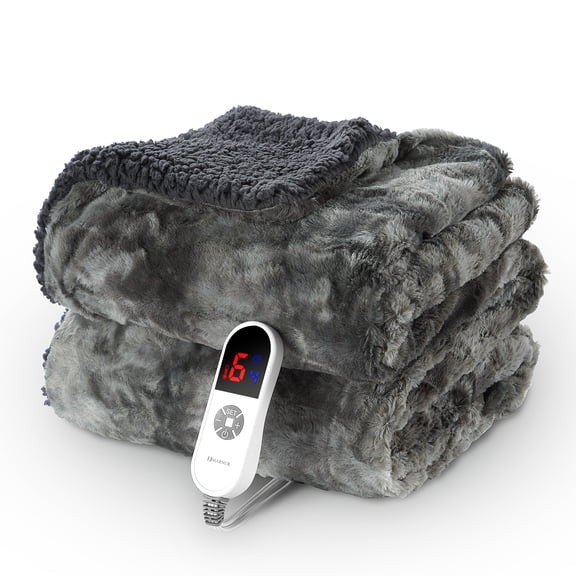 MARNUR Heated Blanket Electric Throw 50" x 60", Soft Faux Fur & Shu Velvet Heated Throw Blanket, 6 Heating Levels, 4 Hours Timer, Tie-Dye Off Gray