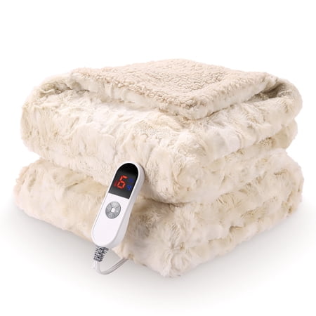 MARNUR Electric Throw Blanket 50" x 60", Soft Faux Fur Heated Throw Blanket with Large LED Display, 6 Heating Levels, 4 Hours Timer- Tie-Dye Off White