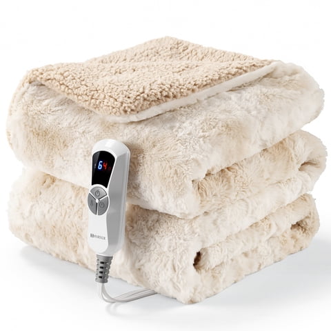 MARNUR Heated Throw Blanket 50" x 60", Soft Faux Fur Electric Throw with 6 Heat Settings, 4-Hour Timer, Tie-Dye Off-White