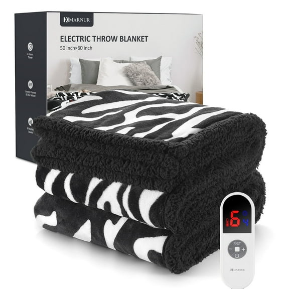 MARNUR Electric Throw Blanket 50" x 60", Soft Flannel, Large LED Display, 6 Heating Levels, 4 Hours Timer, Zebra Pattern