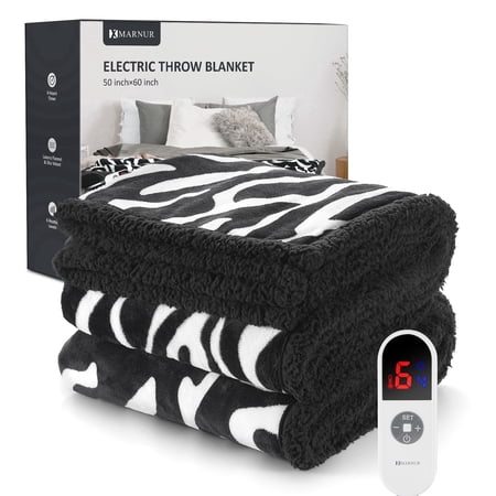 MARNUR Electric Heated Throw Blanket 50" x 60", 6 Heating Levels and 4H Timer, Soft Flannel Zebra Pattern Decorative Throw Blanket, Machine Washable Warm Gift Blanket