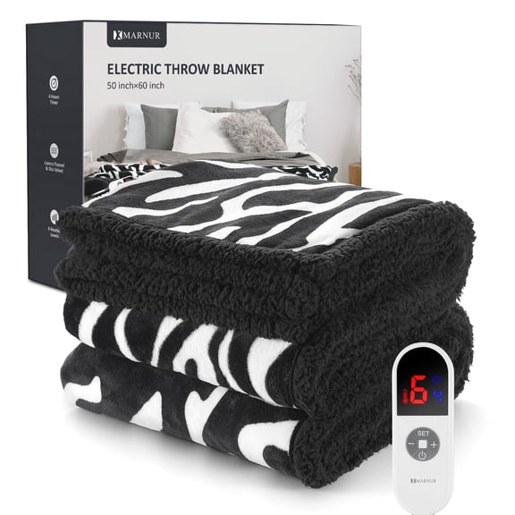 MARNUR Electric Heated Throw Blanket 50" x 60", 6 Heat Levels and 4H Timer, Soft Flannel Zebra Pattern Decorative Throw Blanket, Machine Washable Warm Gift Blanket