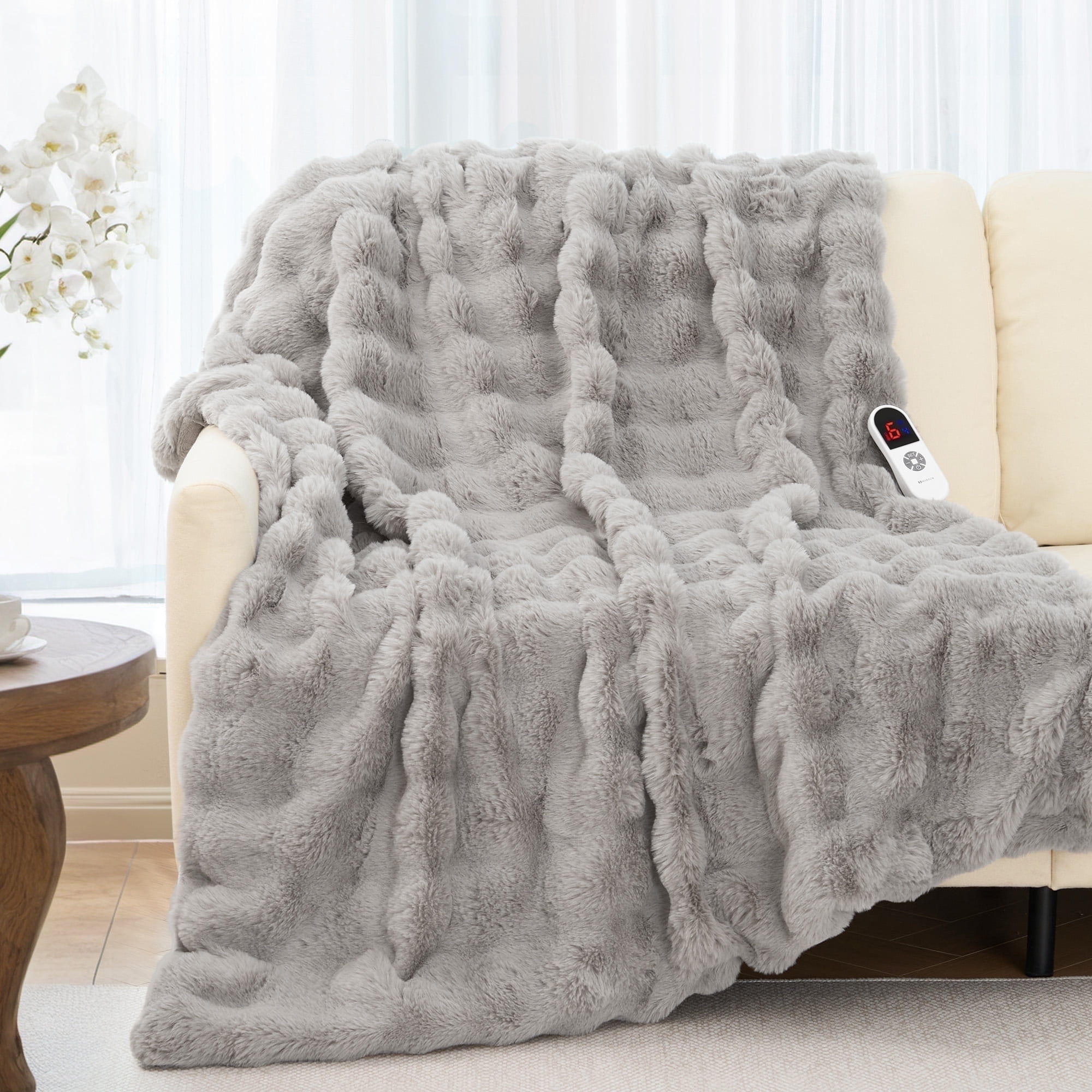 MARNUR Electric Throw Blanket 50"x60", Faux Fur Heated Throw, 6 Heating Levels, 4 Hours Timer, Gray - Walmart.com