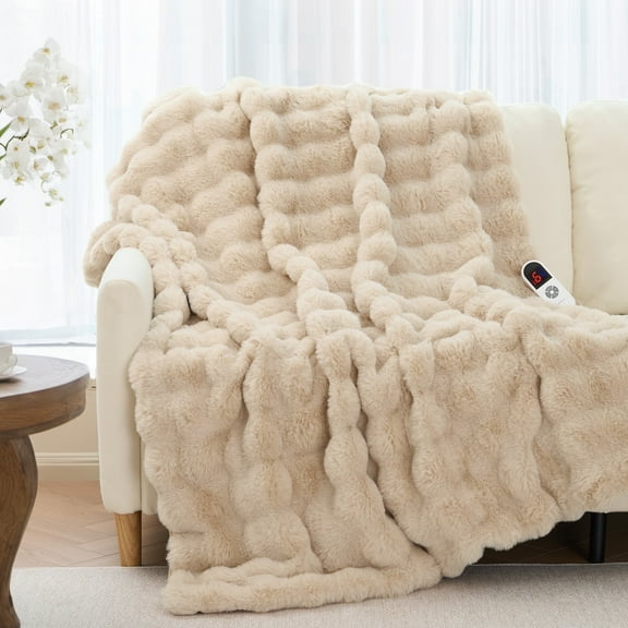 MARNUR Electric Throw Blanket 50"x60", Faux Fur Heated Throw, 6 Heating Levels, 4 Hours Timer, Khaki