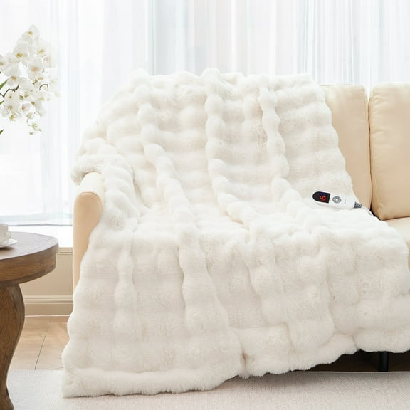 MARNUR Electric Throw Blanket 50"x60", Faux Fur Heated Throw, 6 Heating Levels, 4 Hours Timer - White