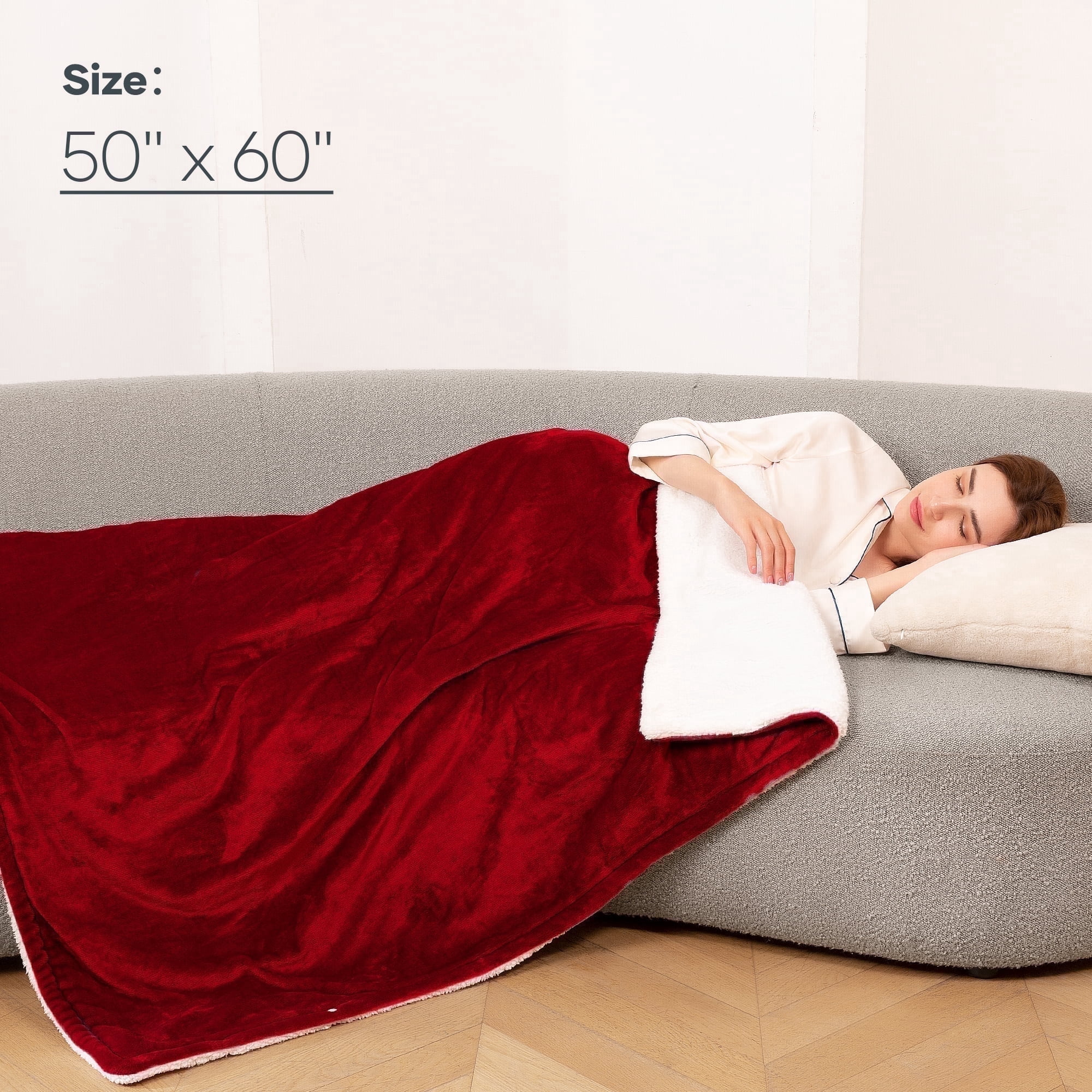MARNUR Electric Throw Blanket 50"x60" Flannel & Sherpa Heated Blanket with 6 Heating Levels, 5 Hours Timer - Red