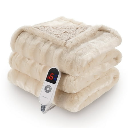 MARNUR Electric Throw Blanket Extra Large Size, 50" x 72" Soft Faux Fur Heated Blanket, 6 Heating Levels, 4 Hours Timer - Beige