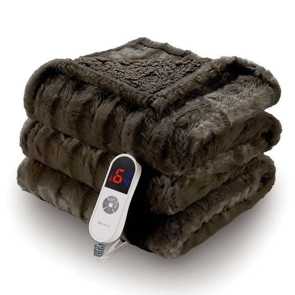 MARNUR Electric Throw Blanket Extra Large Size, 50" x 72" Soft Faux Fur Heated Throw Blanket, 6 Heating Levels, 4 Hours Timer - Brown