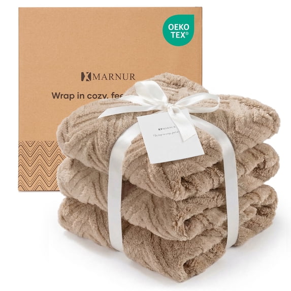 MARNUR Extra Large Throw Blanket 50"x 70", Soft Lightweight Jacquard 340GSM Sherpa Fleece Blanket, Cozy Throw Blanket for Couch, Office, Car, Travel, Light Brown