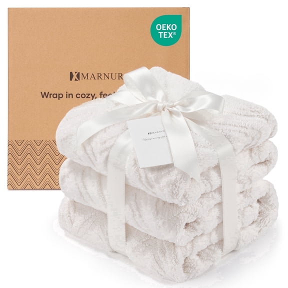 MARNUR Extra Large Throw Blanket 50"x 70", Soft Lightweight Jacquard 340GSM Sherpa Fleece Blanket, Cozy Throw Blanket for Couch, Office, Car, Travel, White