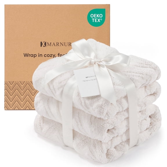 MARNUR Extra Large Throw Blanket 50"x 70", Soft Lightweight Jacquard 340GSM Sherpa Fleece Blanket, Cozy Throw Blanket for Couch, Office, Car, Travel, White