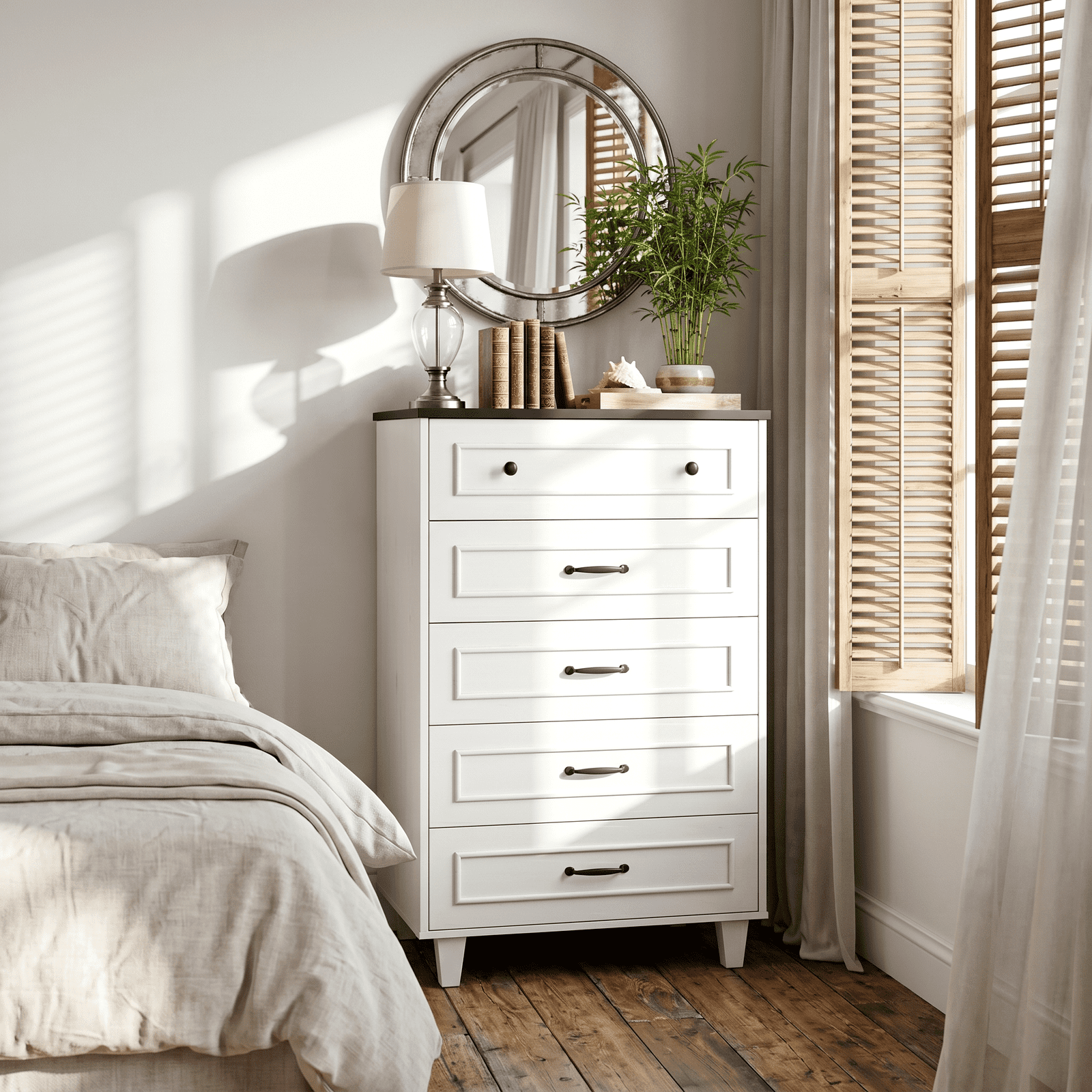 MARNUR 5 Drawer Dresser for Bedroom, Classic Farmhouse Tall Chest of Drawers, Storage Cabinet for Living Room Entryway, White & Black