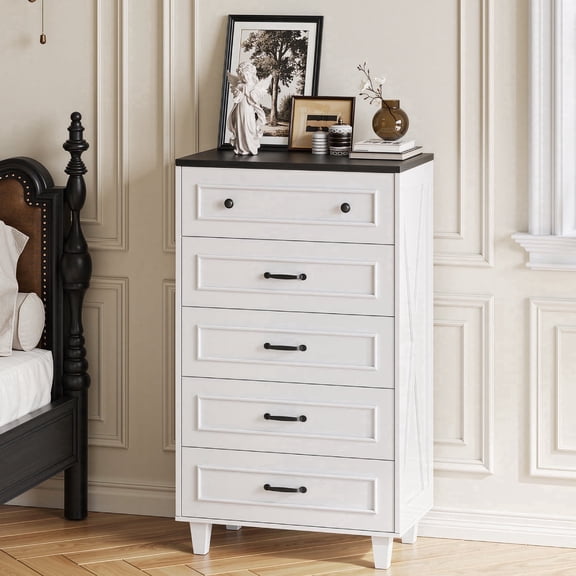 MARNUR 5 Drawer Dresser for Bedroom, Classic Farmhouse Tall Chest of Drawers, Storage Cabinet for Living Room Entryway, White & Black