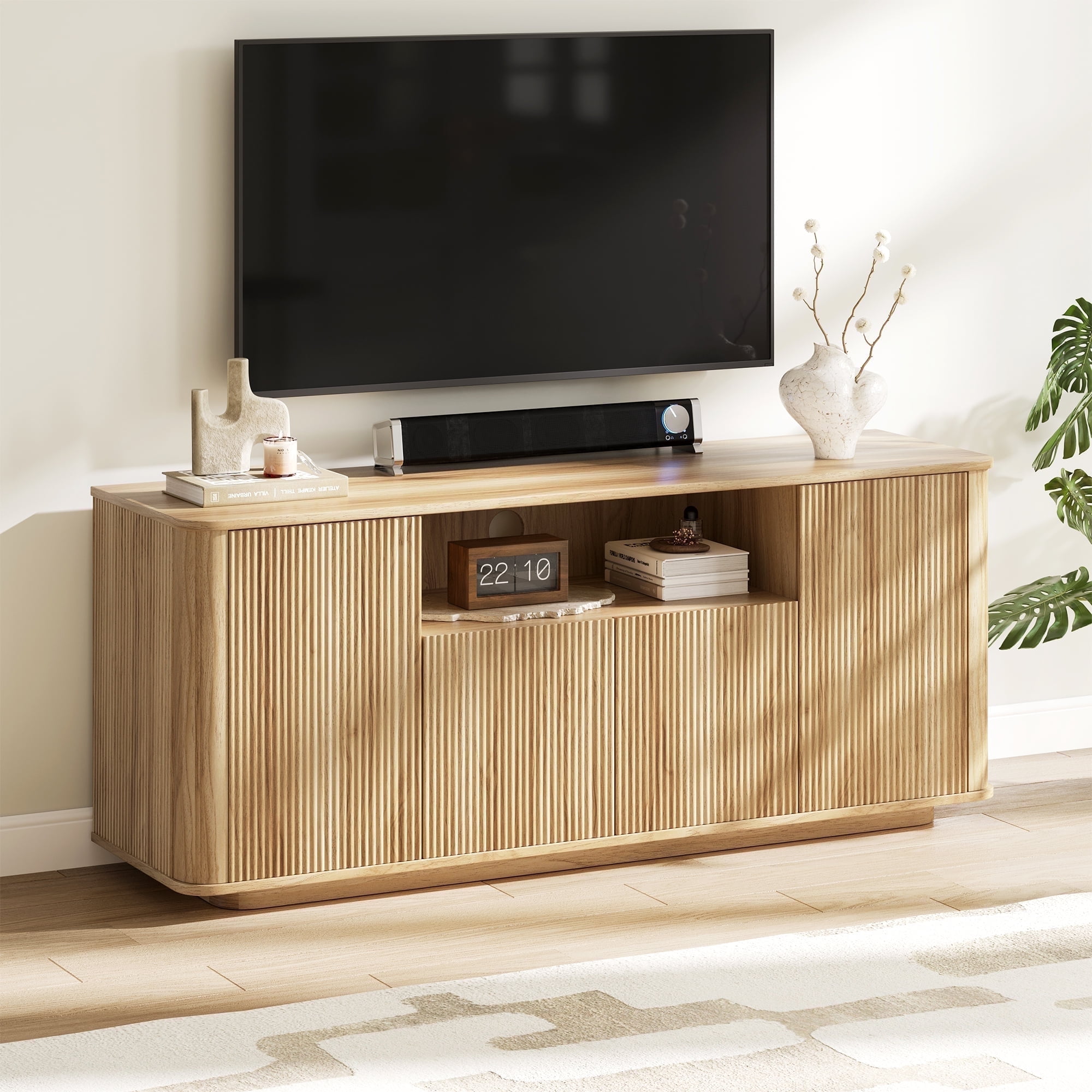 MARNUR Fluted TV Stand for TVs up to 65", 55" Modern Media Console with 3-Sided Fluted Design, Push-to-Open Doors for Living Room, Oak - Walmart.com
