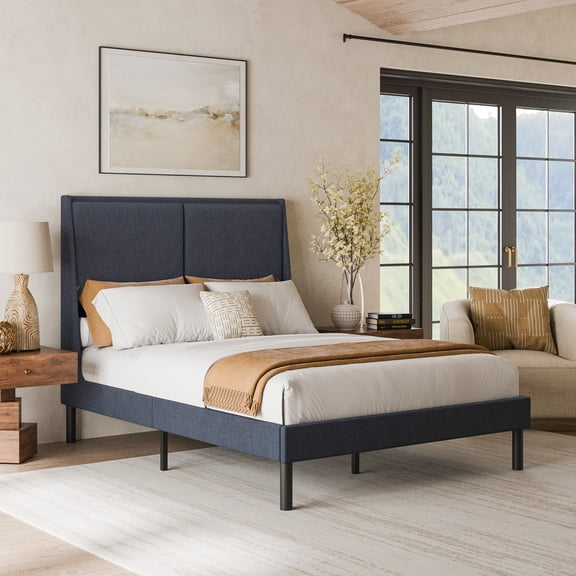 MARNUR Full Upholstered Platform Bed Frame with 51.2" Tall Wingback Headboard, Double Backrest Metal Bed Frame, No Box Spring Needed, Easy Assembly, Bedroom Furniture, Navy Blue