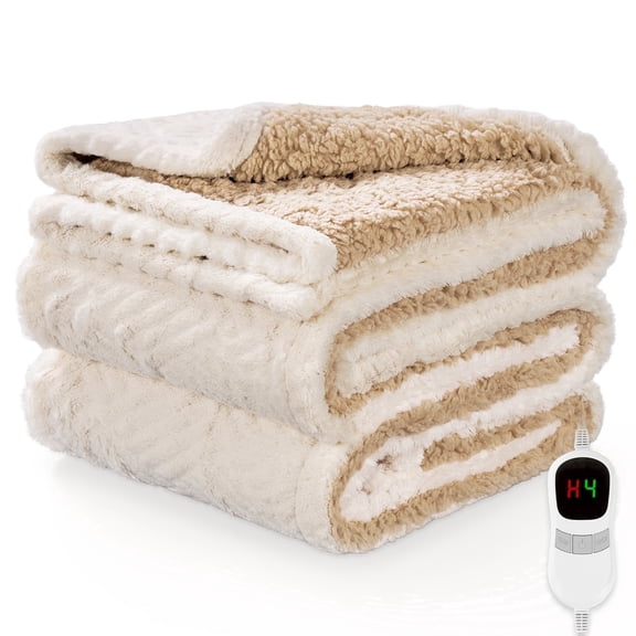 MARNUR Heated Blanket Extra-Large Electric Throw, White Jacquard Faux Fur and Sherpa, Machine Washable Heated Throw Blanket, 4H Timer & 10 Heat Levels, for Home, Sofa, Office, 50"x 72"