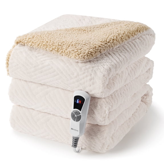 MARNUR Heated Blanket Full Size Electric Blanket, White Jacquard Faux Fur and Sherpa, 10H Timer & 6 Heat Levels, Machine Washable, for home, Bed, Sofa, 72"x 84"