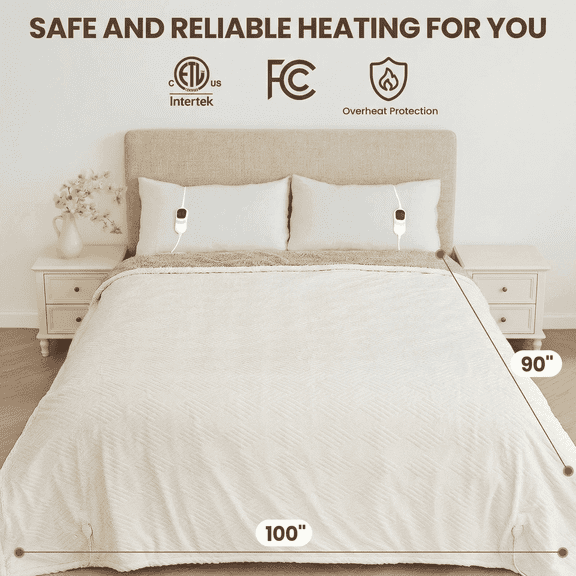 MARNUR Heated Blanket King Size Electric Blanket with Dual Controllers, White Jacquard Faux Fur and Sherpa, 10H Timer & 10 Heat Levels, Machine Washable, 90"x 100"