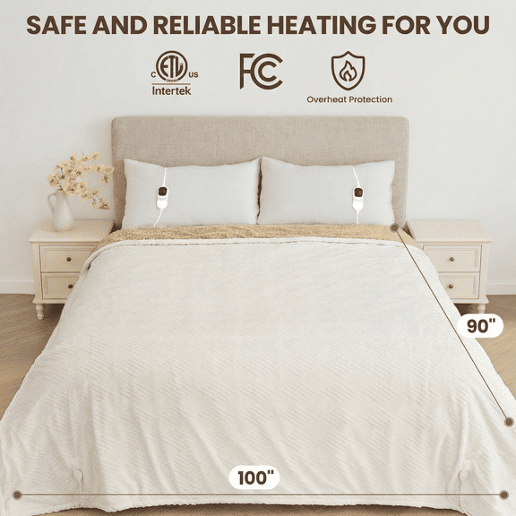 MARNUR Heated Blanket King Size Electric Blanket with Dual Controllers, White Jacquard Faux Fur and Sherpa, 10H Timer & 10 Heat Levels, Machine Washable, 90"x 100"