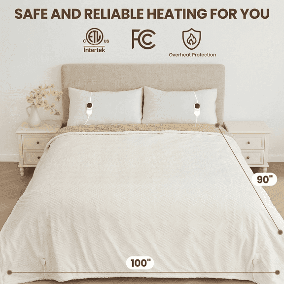 MARNUR Heated Blanket King Size Electric Blanket with Dual Controllers, White Jacquard Faux Fur and Sherpa, 10H Timer & 10 Heat Levels, Machine Washable, 90"x 100"