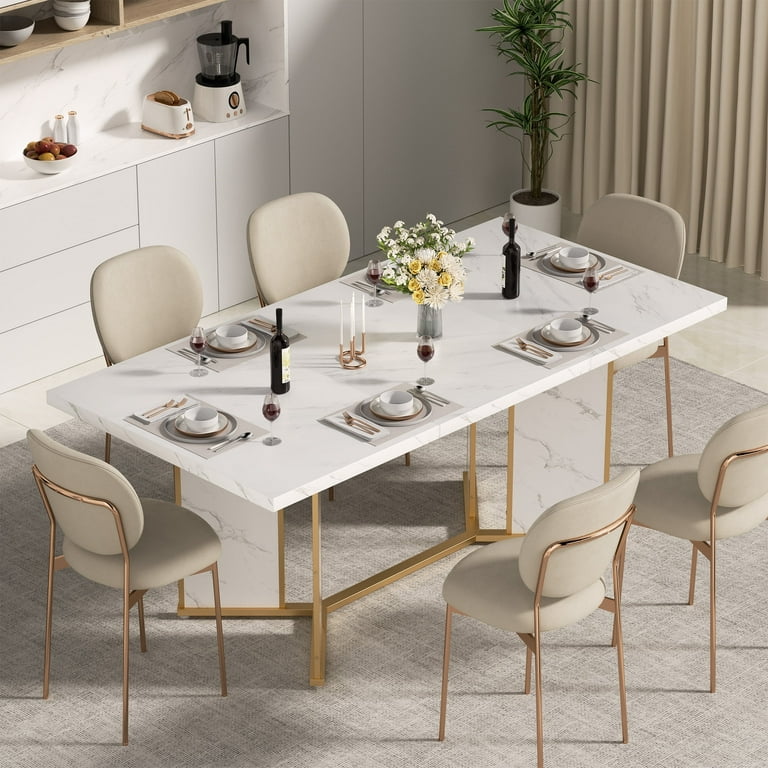 MARNUR 71 Modern Kitchen Rectangular Dining Table for 4 8 Person Heavy Duty Metal Leg Faux Marble Top