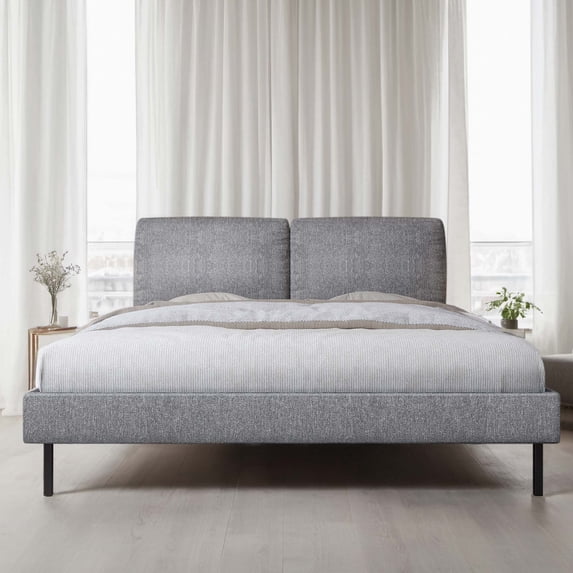 MARNUR Queen Size Bed Frame with Linen Fabric Adjustable Upholstered Headboard, Wooden Slats Support, Gray