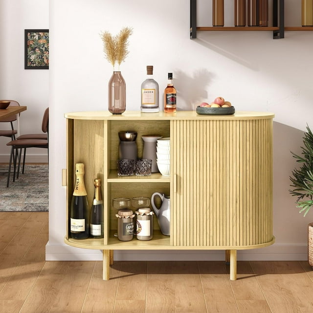 MARNUR Sideboard Buffet Cabinet 40" Storage Cabinet with 2 Sliding Tambour Doors, Adjustable Shelves for Office Bedroom Hallway Entryway, Oak