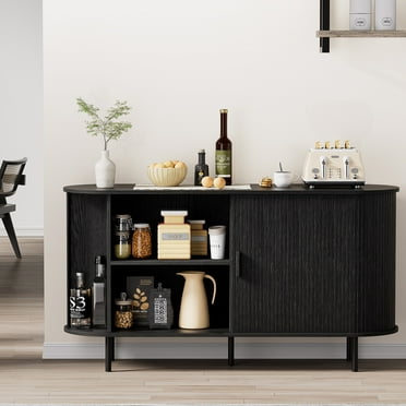 MARNUR Sideboard Buffet Cabinet 55" Storage Cabinet with 2 Sliding Tambour Doors, Adjustable Shelves for Kitchen Office Bedroom Hallway Entryway, Black