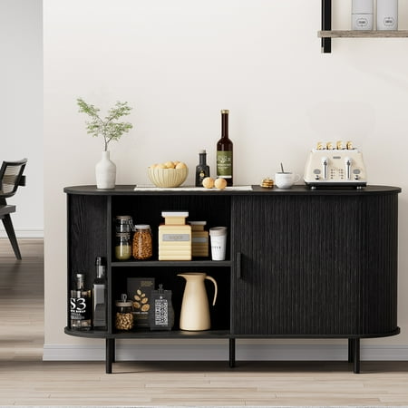 MARNUR Sideboard Buffet Cabinet 55" Storage Cabinet with 2 Sliding Tambour Doors, Adjustable Shelves for Kitchen Office Bedroom Hallway Entryway, Black