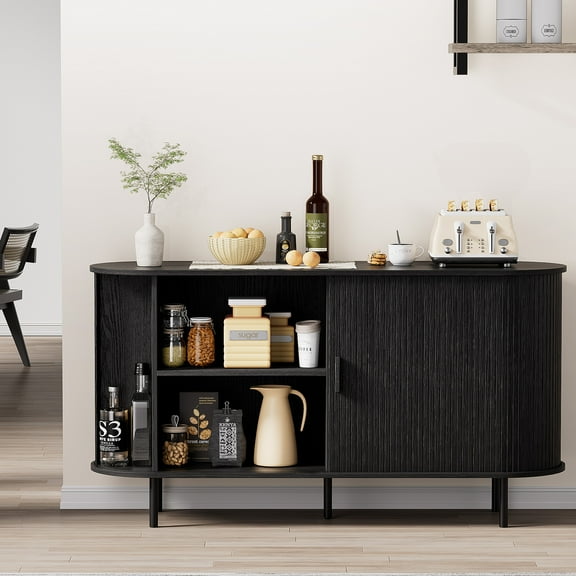 MARNUR Sideboard Buffet Cabinet 55" Storage Cabinet with 2 Sliding Tambour Doors, Adjustable Shelves for Kitchen Office Bedroom Hallway Entryway, Black