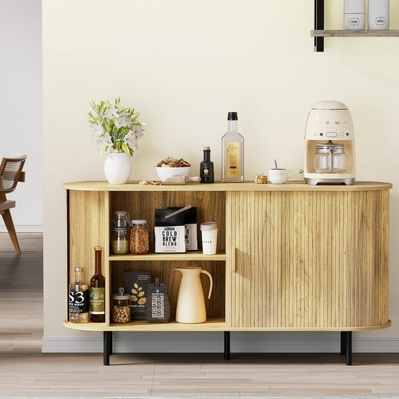MARNUR Sideboard Buffet Cabinet 55" Storage Cabinet with 2 Sliding Tambour Doors, Adjustable Shelves for Kitchen Office Bedroom Hallway Entryway, Oak