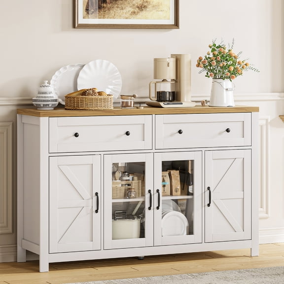 MARNUR Sideboard Buffet Cabinet Farmhouse Style, 55" Storage Cabinet with 2 Drawers 4 Doors, Adjustable Shelves for Kitchen Office Bedroom Hallway Entryway, Oak & White