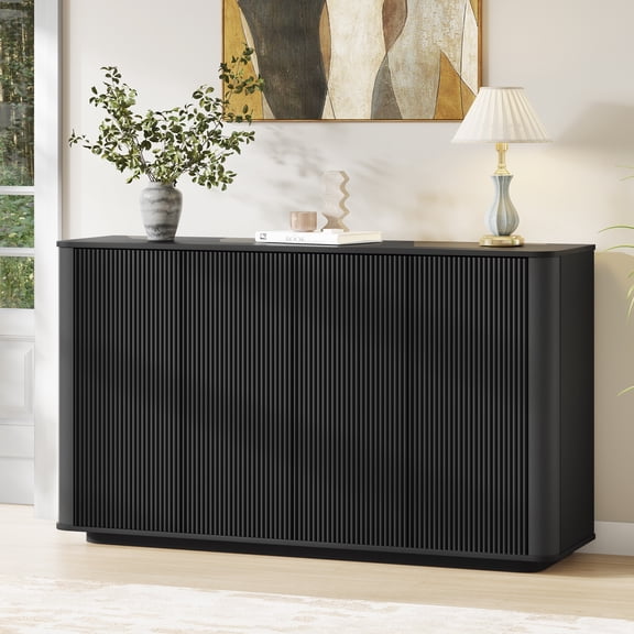 MARNUR Sideboard Buffet Cabinet, Storage Cabinet 55"W with Adjustable Shelves, Anti-Tip, Easy Clean Top, Stylish Wave Style, Black