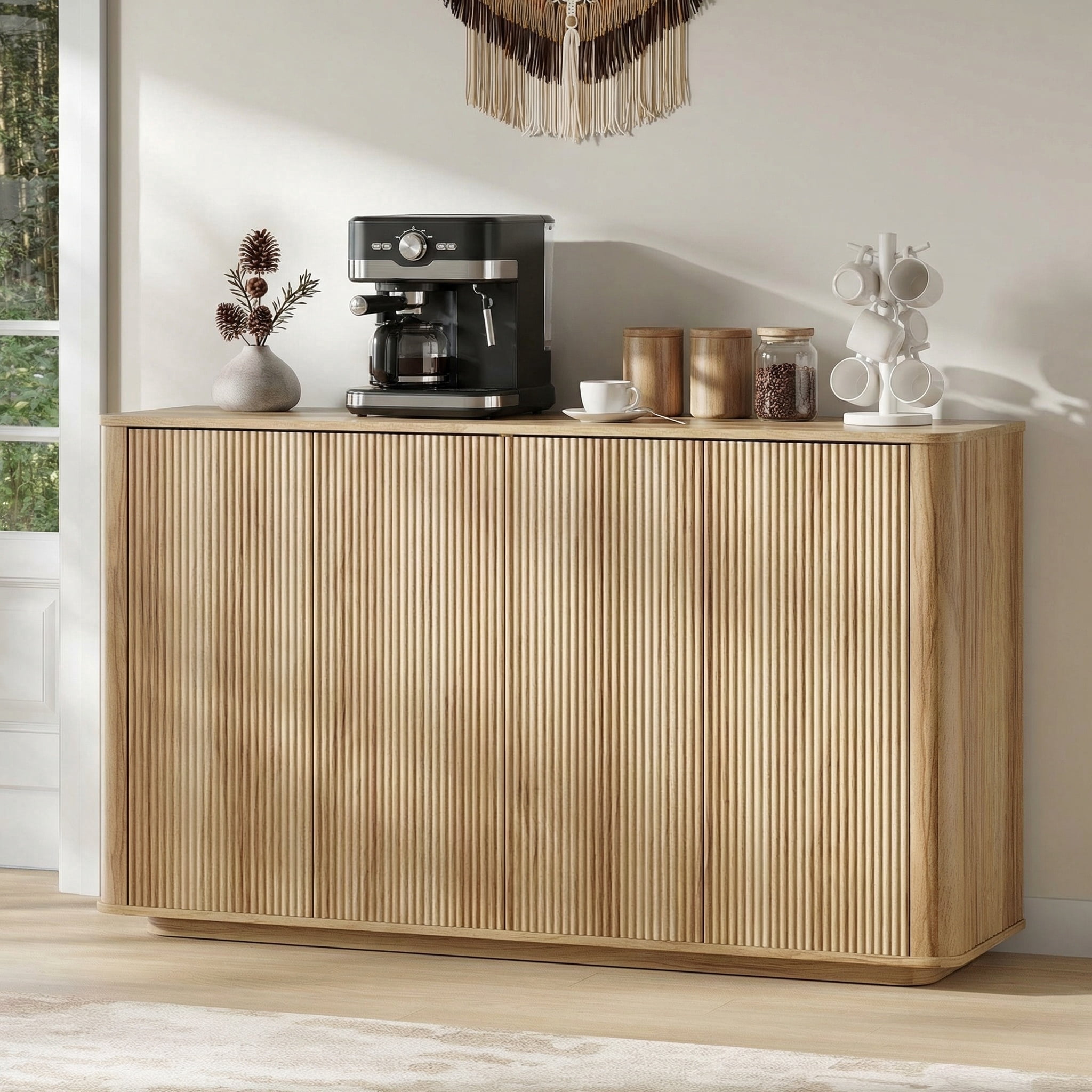 MARNUR 55"W Buffet Cabinet with Storage, Modern Coffee Bar Cabinet with 3-Sided Wave Fluted Design, Adjustable Shelves, Anti-Tip, Easy Clean Top for Kitchen, Dining Room, Living Room, Oak