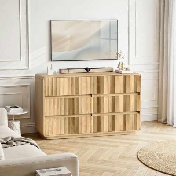 MARNUR TV Stand for TVs up to 65", with Cabinet Storage, Curved Fluted Design, Oak