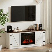 MARNUR Electric Fireplace TV Stand for TVs up to 65", Farmhouse Entertainment Center with 2 Doors, Rustic Wood, White
