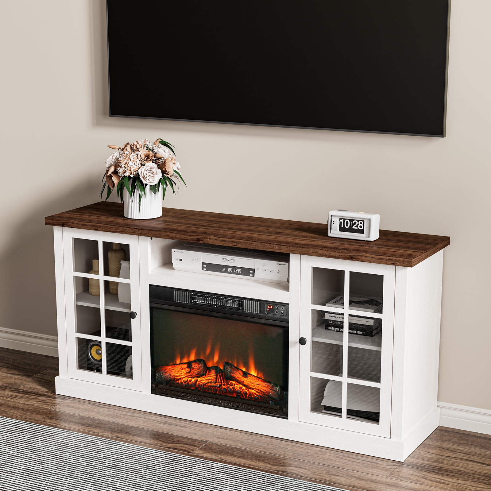 MARNUR Fireplace TV Stand for TVs up to 65", Media Entertainment Center Console Table with Glass Door, Farmhouse, White