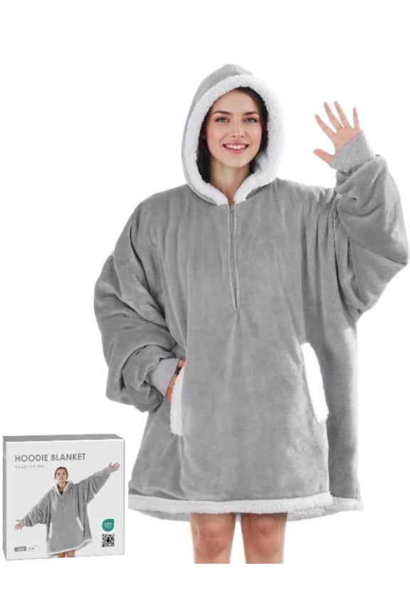 Wearable Blanket Hoodie for Men, Women, Flannel and Shu Velvet - Gray