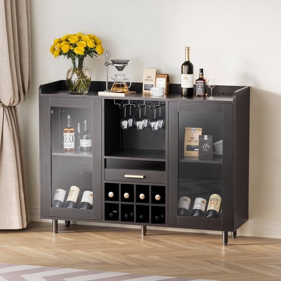 MARNUR Wine Bar Cabinet Buffet Sideboard Cabinet with Wine Rack, Power Outlets, LED Light, Black