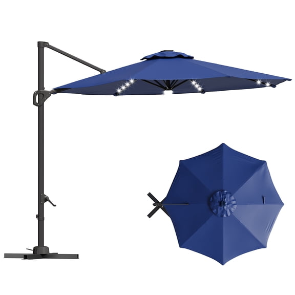 MAROUTE 10FT Cantilever Umbrella with Solar LED – 360° Rotation, Tilt & Crank, UV Protection, for Patio, Deck, Pool, Navy Blue