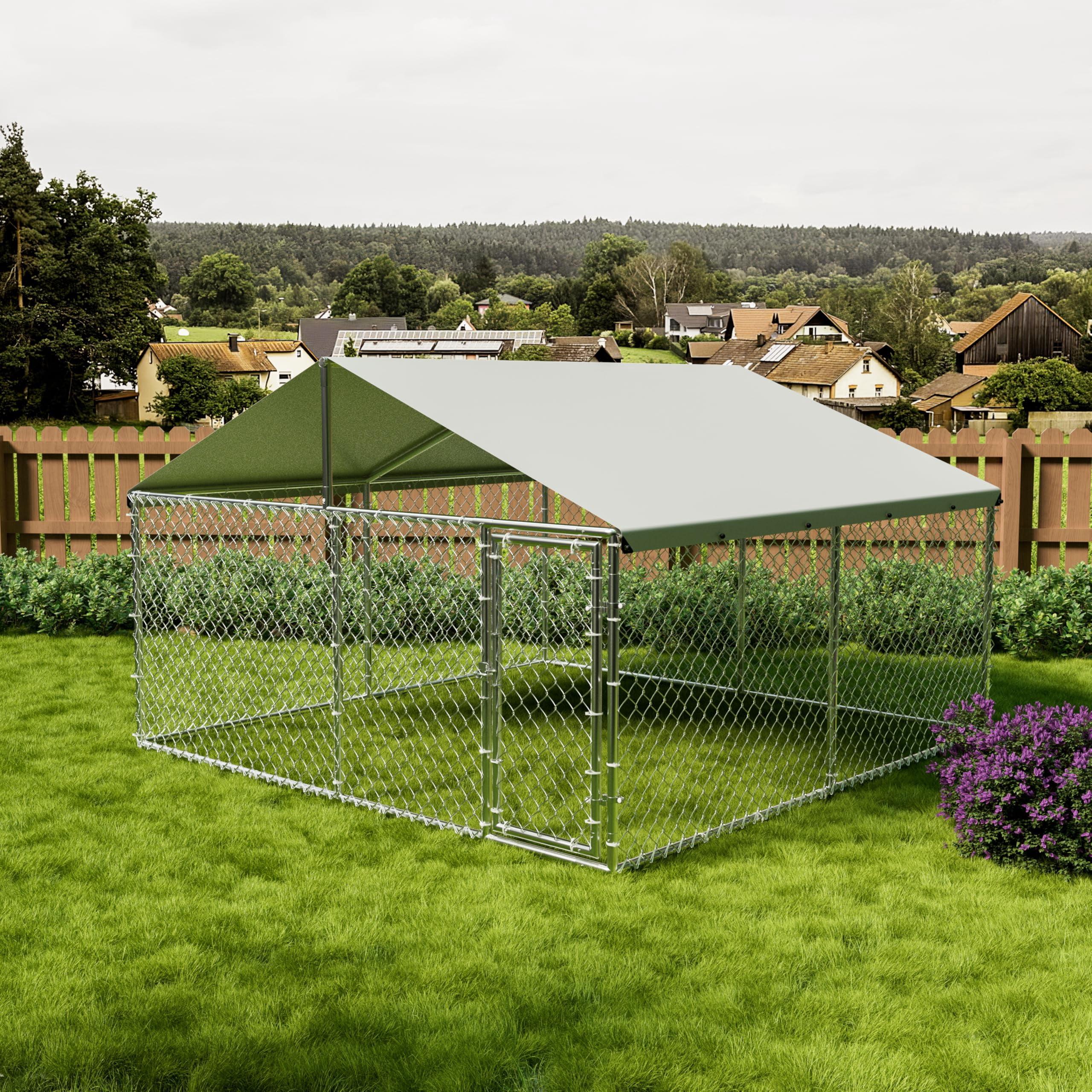 MAROUTE 10x10x6ft Large Outdoor Dog Kennel with Waterproof UV-Resistant Cover, Galvanized Chain Link Dog Enclosure with Roof, Heavy Duty Outside Dog Kennel for Backyard Farm Patio Use