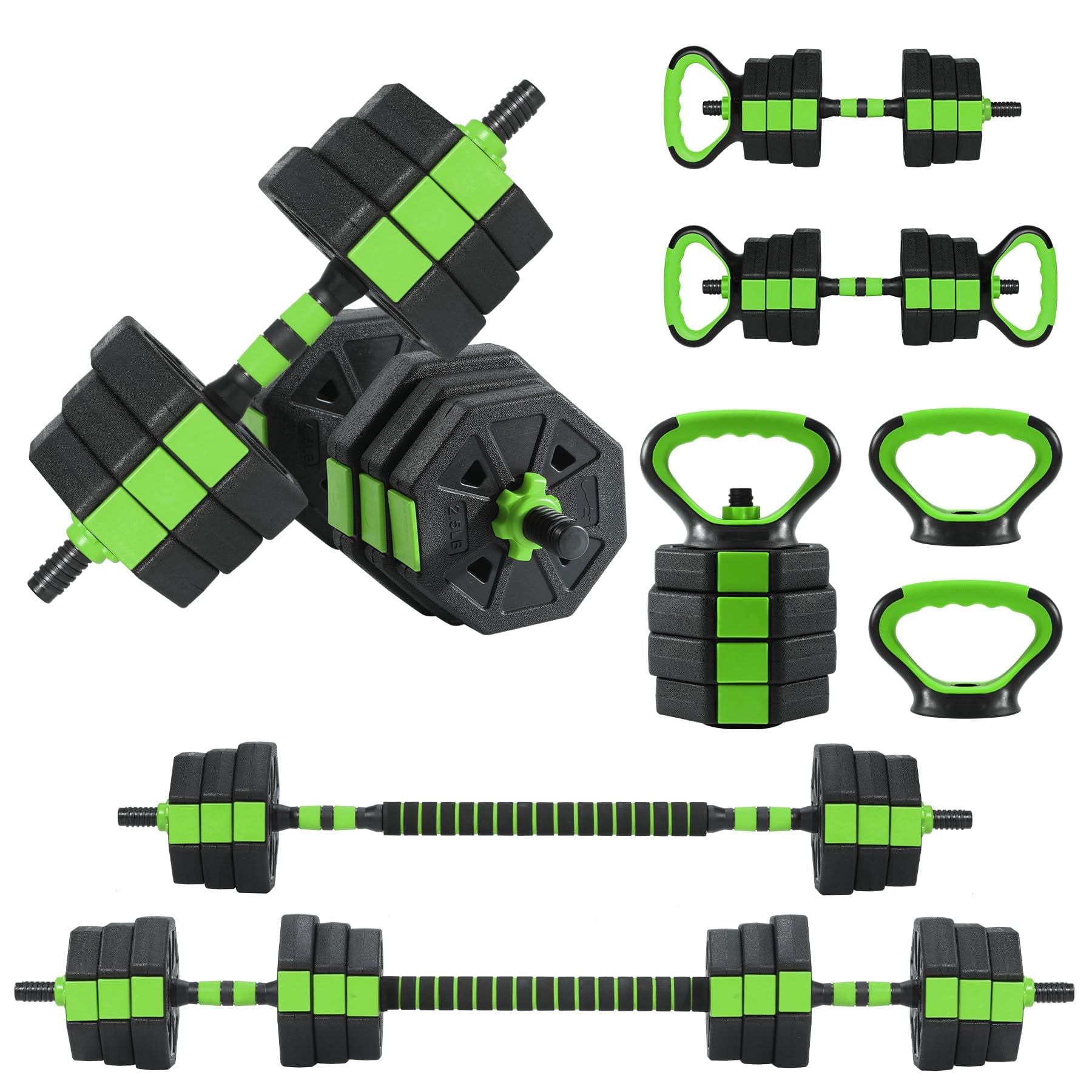 MAROUTE 4-in-1 Adjustable Dumbbell Set 88 lbs – Home Gym: Dumbbell, Barbell, Kettlebell & Push-Up Stand, Anti-Slip, Green and Black
