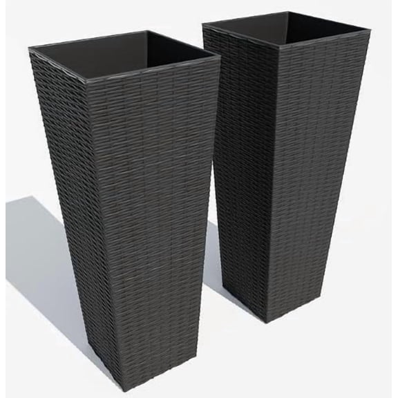 MAROUTE All-Weather Rattan Tall Planter Set of 2 – 24" Large Black Pots for Trees, Patio, Backyard, Black