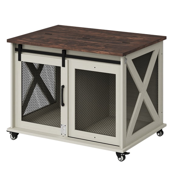 MAROUTE Dog Crate Furniture with Sliding Barn Door, Removable Divider, Flip-Up Top