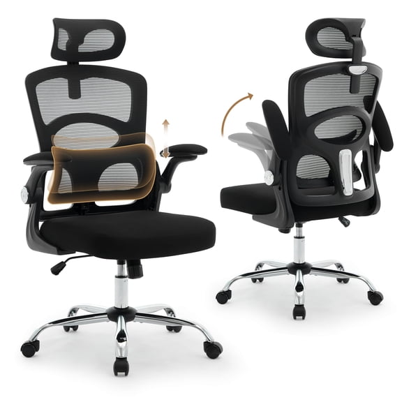 MAROUTE Ergonomic High-Back Mesh Office Chair, Adjustable Headrest & Lumbar Support, Turn-Up Armrests, Swivel Rolling Computer Chair for Home Office & Gaming, Black