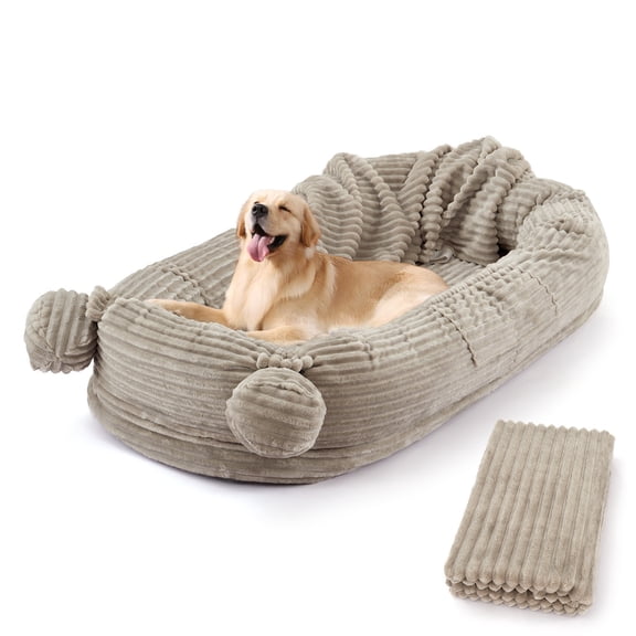 MAROUTE Extra Large Human Dog Bed for Adults, 71x45x12 Inch Foam Couch with Blanket, Washable Faux Fur Removable Cover, Storage Pockets & Carry Handle, Comfortable Grey Floor Bed for People and Pets