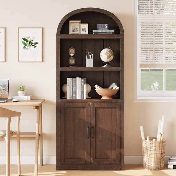 MAROUTE Farmhouse Arched Bookcase Cabinet – 71.65" Tall, 5 Shelves – Brown 2 Doors – Perfect for Office, Living Room, Bedroom
