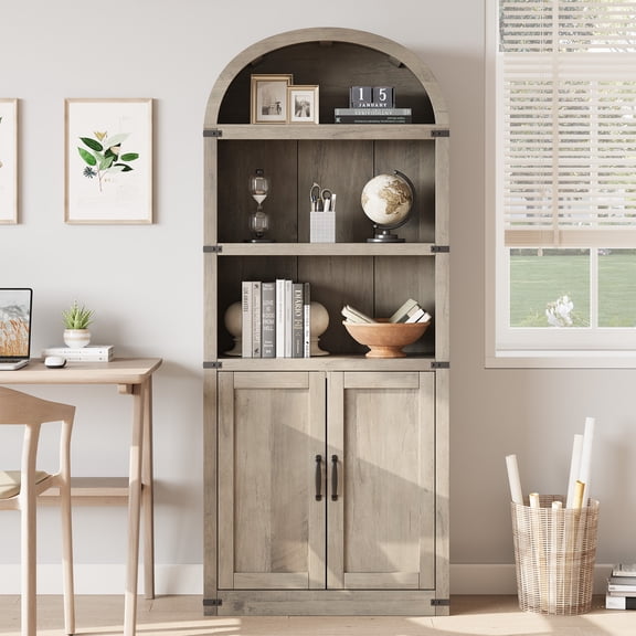MAROUTE Farmhouse Arched Bookcase Cabinet – 71.65" Tall, 5 Shelves – Gray Basic – Perfect for Office, Living Room, Bedroom